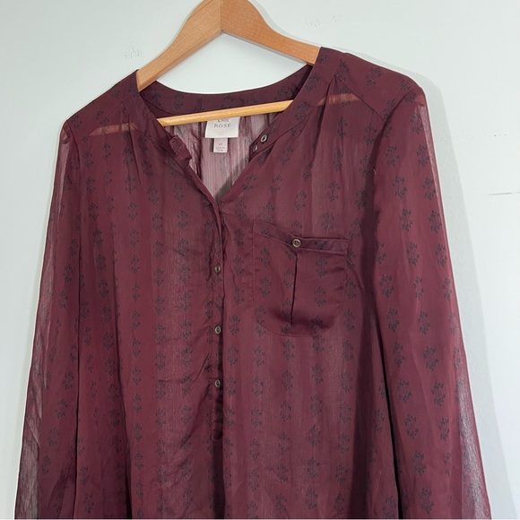 Knox Rose Boho Tunic Top Size 1X Maroon Sheer Collarless Long Sleeve Henley - Picture 6 of 14